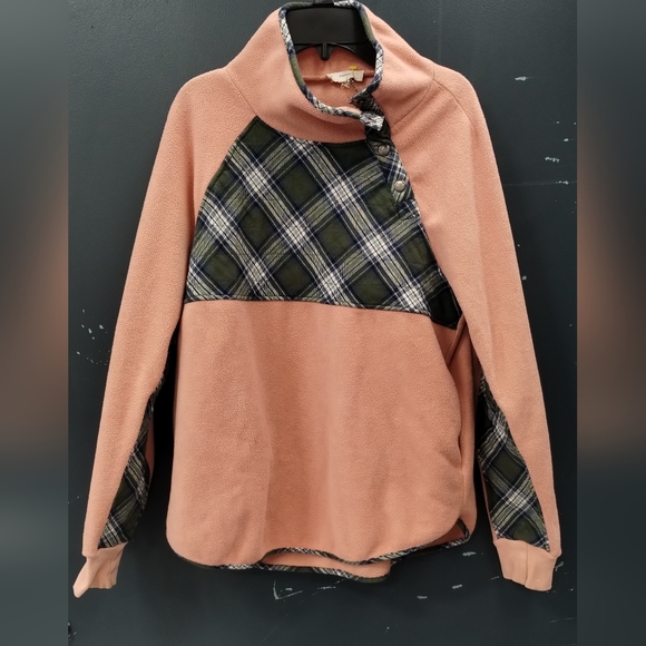 Entro Peach Fleece Pullover Sweater with Green Plaid Accents Cabincore Size M - Picture 2 of 16